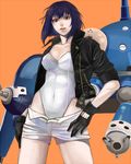 breasts bussan ghost_in_the_shell ghost_in_the_shell_stand_alone_complex gloves hands_on_hips jacket kusanagi_motoko leotard mecha medium_breasts purple_hair red_eyes robot short_hair short_shorts shorts tachikoma 