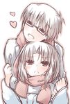  blush closed_eyes couple glasses heart hetero hug hug_from_behind kara_no_kyoukai kokutou_mikiya ohitashi_netsurou ryougi_shiki scarf shared_scarf short_hair smile 