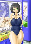  1girl bare_shoulders black_hair blush breasts cleavage furumiya_kanami green_eyes highres large_breasts legs looking_at_viewer mole roshutsu_daisuki! ryoushun short_hair smile solo standing swimsuit thick_thighs thighs toy toys wet 