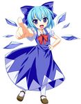  aqua_hair blue_eyes bow cirno dress hair_bow hand_on_hip highres ice ice_wings pointing pointing_at_viewer short_hair solo touhou wings yagami_(mukage) 