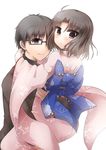  1girl blush glasses hetero hug japanese_clothes kara_no_kyoukai kimono kokutou_mikiya looking_at_viewer looking_back ohitashi_netsurou ryougi_shiki short_hair simple_background smile white_background 