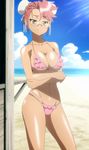  beach bikini breast_hold breasts cleavage crossed_arms double_bun frilled_bikini frills glasses highres highschool_of_the_dead large_breasts legs micro_bikini pink_hair screencap sideboob stitched sunlight swimsuit takagi_saya tan_skin thighs underboob 