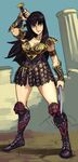  alex_ahad armor armored_dress black_hair blue_eyes boots breasts chakram cleavage dual_wielding faulds greaves highres holding knee_boots large_breasts long_hair over_shoulder scabbard sheath shoulder_armor solo spaulders sword sword_over_shoulder vambraces weapon weapon_over_shoulder xena xena:_warrior_princess 