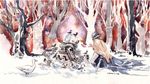  2boys armor batman batman_(series) bird bruce_wayne cape crouch dc_comics dustin_nguyen goose male male_focus mask mr._freeze multiple_boys sitting snow squatting sword traditional_media tree watercolor watercolor_(medium) weapon 