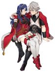  1boy 1girl absurdres alternate_costume arm_support belt blue_eyes blush christmas coat ebinku eye_contact fingerless_gloves fire_emblem fire_emblem:_kakusei fire_emblem_heroes fur_trim gloves grey_hair hand_holding highres jacket_on_shoulders light_blush long_hair looking_at_another lucina male_my_unit_(fire_emblem:_kakusei) my_unit_(fire_emblem:_kakusei) nintendo red_gloves short_hair simple_background sitting sitting_on_lap sitting_on_person skirt smile tiara wavy_hair white_legwear yellow_eyes 