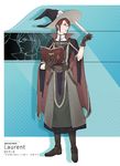 belt book boots cape character_name fire_emblem fire_emblem:_kakusei glasses gloves hat holding holding_book laurent left-handed male_focus muni_inno quill red_eyes red_hair robe solo wizard_hat 