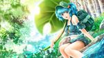  adapted_costume arkatopia backpack bag bare_shoulders blue_eyes blue_hair breasts hair_bobbles hair_ornament hat kawashiro_nitori key leaf_umbrella looking_at_viewer medium_breasts midriff open_mouth scenery short_hair shorts sitting sleeveless solo sunlight touhou tree two_side_up water 