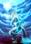  abstract_background canine cloud crossed_arms demon eyes_closed fur hair horn kneeling magic mammal markings piercing ratte solo stars sun 