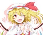  blonde_hair blush bow chata_maru_(irori_sabou) fangs flandre_scarlet hat hat_bow heart heart_hands one_eye_closed red_eyes side_ponytail solo touhou wings 