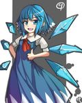  1girl :d blue_eyes blue_hair bow cirno dress hair_bow hand_on_hip ice ice_wings open_mouth ribbon short_hair signature smile solo thumbs_up touhou uumaru wings 