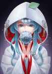  aqua_eyes aqua_hair bon_nob hatsune_miku hood japanese_clothes kimono leaf long_hair md5_mismatch snowflakes solo uchikake vocaloid yuki_miku 