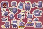  2boys back banette chibi cloak eyes_closed food fruit gastly gengar happy haunter hoppip mastuba_(pokemon) minaki_(pokemon) multiple_boys multiple_persona open_mouth orange pikachu pokemon smile teeth 