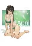  2014 april arm_support bad_id bad_pixiv_id bare_shoulders barefoot bikini black_eyes black_hair breasts cleavage glasses green_bikini hjl large_breasts long_hair original sitting sketch solo summer swimsuit 