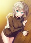  anastasia_(idolmaster) blonde_hair bottomless breasts brown coat cross cross_necklace earrings idolmaster idolmaster_cinderella_girls jewelry kisugi_akira long_sleeves looking_at_viewer lying medium_breasts naked_sweater necklace on_side parted_lips ribbed_sweater short_hair solo sweater thighs tsurime wooden_floor 