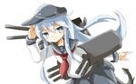  agaryaashika anchor_symbol aqua_hair bangs blue_eyes blush dutch_angle hat hibiki_(kantai_collection) kantai_collection long_hair long_sleeves looking_away pantyhose school_uniform serafuku simple_background smile solo white_background 