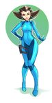  bodysuit breasts brown_hair cosplay earrings full_body green_eyes greenmarine highres holster jewelry long_legs metroid metroid_(creature) rockman rockman_dash samus_aran samus_aran_(cosplay) short_hair small_breasts smile solo thigh_holster tron_bonne zero_suit 