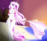  absurd_res anthro anthrofied beach bikini blumagpie breasts cleavage clothed clothing cutie_mark equine female fleur_de_lis_(mlp) friendship_is_magic hair hi_res horn looking_at_viewer mammal my_little_pony navel outside pink_hair purple_eyes sand sea seaside sky solo standing sunset swimsuit tongue tongue_out towel tree unicorn water 