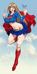  bad_id bad_twitter_id bird blonde_hair boots breasts brown_hair cape commentary_request covered_nipples dc_comics highres katou_teppei large_breasts long_hair midriff miniskirt navel sketch skirt solo supergirl 