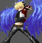  belt black_hair blonde_hair blue_fire cosplay cropped_jacket denim fatal_fury fingerless_gloves fire gloves highres hyde_(under_night_in-birth) jeans male_focus mark_of_the_wolves multicolored_hair pants red_eyes rock_howard rock_howard_(cosplay) rowanism snk solo two-tone_hair under_night_in-birth 