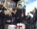  bag breath can closed_eyes gakuran grin groping hand_in_another's_pocket itto_(mentaiko) male_focus multiple_boys open_mouth original scarf school_uniform smile wrestling yaoi 