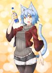  animal_ears belt black_legwear blue_hair bottle cat_ears cat_tail fang fur_trim highres jacket looking_at_viewer open_mouth orange_eyes orangina original pantyhose red_jacket ryota_tentei scar short_hair shorts smile soda solo sweater tail tora_tentei turtleneck 