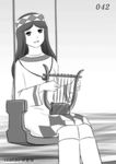  1girl harp headband hilda_(horus_no_daibouken) instrument long_hair monochrome musical_instrument sitting swing taako taiyou_no_ouji:_horus_no_daibouken 