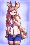  anthro belt brown_hair cervine clothed clothing deer female fur hair horn jeans long_hair looking_at_viewer mammal midriff neko-maya ringed_tail shorts skimpy solo standing tan_fur 