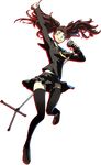  arm_up black_legwear brown_footwear brown_hair dark_persona earrings full_body grin highres holding jewelry kujikawa_rise leg_up long_hair microphone_stand official_art parted_lips persona persona_4 persona_4:_the_ultimate_in_mayonaka_arena persona_4:_the_ultimax_ultra_suplex_hold school_uniform shadow_(persona) shadow_rise shoes skirt smile soejima_shigenori thighhighs transparent_background yellow_eyes 
