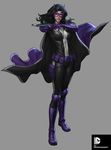  1girl arrow batman_(series) black_hair bow_(weapon) concept_art copyright_name dc_comics female figure full_body grey_background huntress mask purple_shoes solo standing stanley_lau weapon 