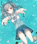  cherry_blossoms drill_hair floating_skull grey_hair hair_ribbon highres idolmaster idolmaster_cinderella_girls izumil kanzaki_ranko long_hair looking_at_viewer outstretched_arms partially_submerged red_eyes ribbon school_uniform skirt smile solo twin_drills twintails 