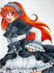  ao_(yashuring) bow dress fang frills gothic_lolita highres lina_inverse lolita_fashion looking_at_viewer open_mouth orange_hair red_eyes shawl simple_background slayers solo traditional_media 
