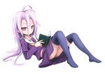  antenna_hair book expressionless highres long_hair looking_at_viewer lv21 lying multicolored multicolored_eyes no_game_no_life on_back open_book purple_hair school_uniform serafuku shiro_(no_game_no_life) simple_background solo thighhighs white_background 