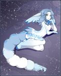  anthro big_ears blue_fur blue_hair dagger_leonelli fur girly hair long_tail looking_at_viewer lying male markings nude on_side smile solo unknown_species white_fur 