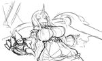  1girl arceonn breasts covered_mouth horn kantai_collection large_breasts long_hair monochrome seaport_hime shinkaisei-kan sketch solo 