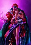  1boy 1girl abs alternate_costume aura black_hair breasts cammy_white capcom cape center_opening chun-li cleavage collarbone double_bun energy_ball glowing glowing_eye glowing_eyes glowing_hand glowing_hands grin han_juri hat height_difference hips hug hug_from_behind knees legs lips long_hair m._bison midriff military_cap military_hat navel open_mouth peaked_cap scar short_hair smile solo spaulders street_fighter street_fighter_ii street_fighter_iv teeth tongue twintails underboob vega wristband 