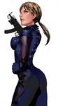  ass bad_id bad_twitter_id blonde_hair bodysuit commentary_request gloves gun hand_on_hip jill_valentine katou_teppei looking_to_the_side ponytail resident_evil resident_evil_5 skorpion_vz._61 solo submachine_gun weapon 