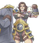  animal animal_on_shoulder armor blue_eyes braum_(league_of_legends) breasts covered_nipples exaxuxer eyebrows faulds fingerless_gloves genderswap genderswap_(mtf) gloves grin huge_weapon jewelry large_breasts league_of_legends long_hair pendant planted_weapon sideboob smile solo tattoo thigh_strap weapon 