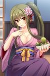  breasts brown_eyes character_request cherry_blossoms cleavage flower food green_hair hair_flower hair_ornament hakama hitsuki_rei japanese_clothes kimono large_breasts long_hair long_sleeves looking_at_viewer obi ponytail purple_hakama sash sitting solo the_rainy_port_keelung 