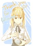  ahoge artoria_pendragon_(all) bad_id bad_pixiv_id blonde_hair bowl braid chopsticks fate/stay_night fate_(series) french_braid green_eyes hits ribbon rice_bowl saber short_hair smile solo thank_you tthal 