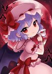  bat bat_wings blue_hair bow chibi cup frills full_moon hat hat_ribbon himaya looking_back mob_cap moon puffy_short_sleeves puffy_sleeves red_eyes red_moon remilia_scarlet ribbon sash short_hair short_sleeves skirt skirt_set slit_pupils smile solo teacup touhou wings wrist_cuffs 