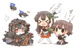  &gt;_&lt; :d aircraft airplane akagi_(kantai_collection) black_hair black_legwear bonnet brown_hair closed_eyes enemy_aircraft_(kantai_collection) isolated_island_oni jitome kaga_(kantai_collection) kantai_collection long_hair multiple_girls muneate open_mouth pale_skin rebecca_(keinelove) red_eyes shinkaisei-kan short_hair slit_pupils smile thighhighs translated white_legwear xd 