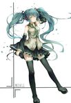  aqua_hair boots character_name detached_sleeves green_eyes hatsune_miku long_hair necktie skirt solo teeth_(artist) thigh_boots thighhighs twintails very_long_hair vocaloid 