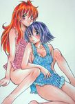  amelia_wil_tesla_seyruun ao_(yashuring) bare_shoulders black_hair breasts cleavage highres legs lina_inverse long_hair looking_at_viewer medium_breasts multiple_girls naked_shirt orange_hair purple_eyes red_eyes shirt short_hair sitting slayers small_breasts thighs traditional_media 