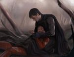  2boys batman batman_(series) black_hair bruce_wayne cape dc_comics death family father father_and_son injury jason_todd multiple_boys nicha_sheng rain realistic robin_(dc) ruins torn_clothes 