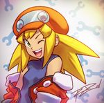  blonde_hair breasts green_eyes grin hat jacket long_hair looking_at_viewer off_shoulder one_eye_closed robert_porter rockman rockman_dash roll_caskett simple_background small_breasts smile solo wrench 