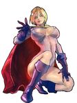  areola_slip areolae blonde_hair blue_footwear boots breasts cape cleavage_cutout commentary_request covered_nipples dc_comics gloves katou_teppei large_breasts navel one_eye_closed power_girl short_hair skin_tight solo squatting waving 