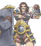  animal animal_on_shoulder armor blue_eyes braum_(league_of_legends) breasts covered_nipples exaxuxer eyebrows facial_hair faulds fingerless_gloves genderswap genderswap_(mtf) gloves grin huge_weapon jewelry large_breasts league_of_legends long_hair mustache pendant planted_weapon sideboob smile solo tattoo thigh_strap weapon 