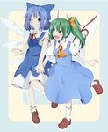  ascot blue_eyes blue_hair border bow cirno daiyousei dress fairy_wings fang green_eyes green_hair grin hair_bow hair_ribbon highres holding_hands interlocked_fingers kuroneko_(kuroi-neko) leg_up looking_at_another looking_at_viewer multiple_girls one_eye_closed open_mouth ponytail puffy_short_sleeves puffy_sleeves ribbon short_sleeves simple_background smile socks touhou wings 