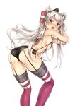  amatsukaze_(kantai_collection) ass black_panties blush breasts brown_eyes from_behind ganari_ryuu garter_straps hair_tubes hat highres kantai_collection long_hair looking_back navel panties side-tie_panties small_breasts solo striped striped_legwear thighhighs two_side_up underwear underwear_only white_hair 