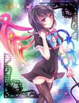  animal asymmetrical_wings bad_id bad_pixiv_id black_dress black_hair black_legwear blue_bow blue_neckwear bow bowtie dress fingernails highres holding holding_weapon houjuu_nue light_smile looking_at_viewer polearm red_bow red_eyes red_neckwear short_hair short_sleeves skura01 smile snake solo star_(sky) thighhighs tongue tongue_out touhou trident walking weapon wings zettai_ryouiki 